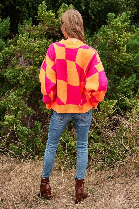 Multi Geo Checker Pullover Knit Sweater Top - steven wick
