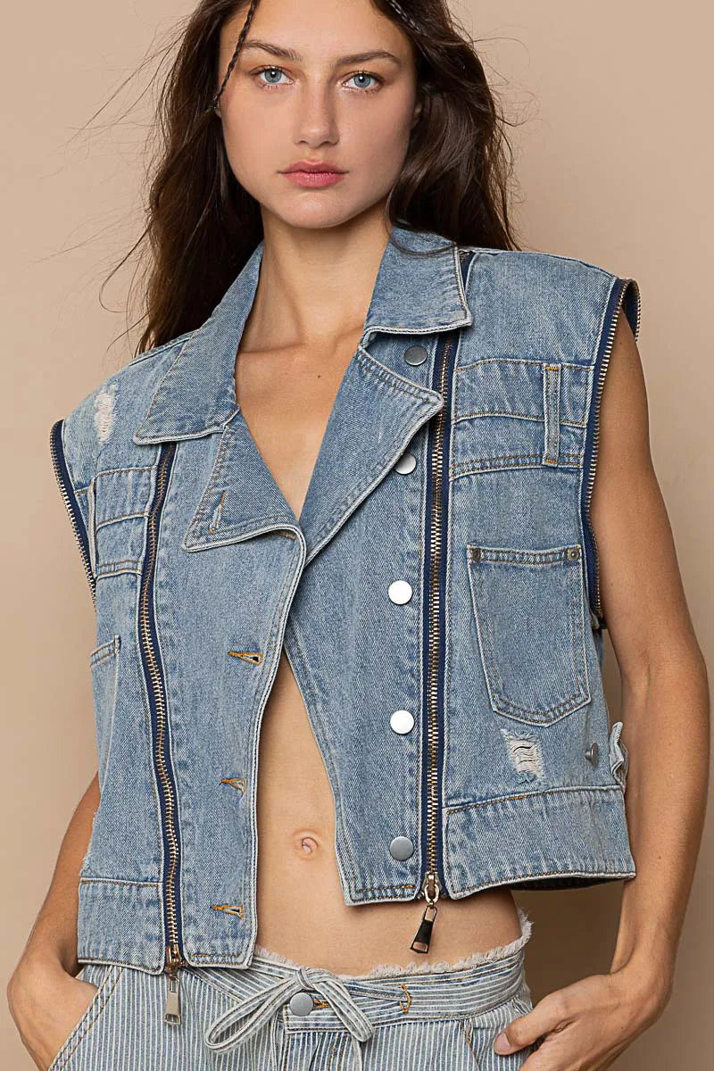 POL Cropped Denim Jacket with Functional Zipper Detail - steven wick