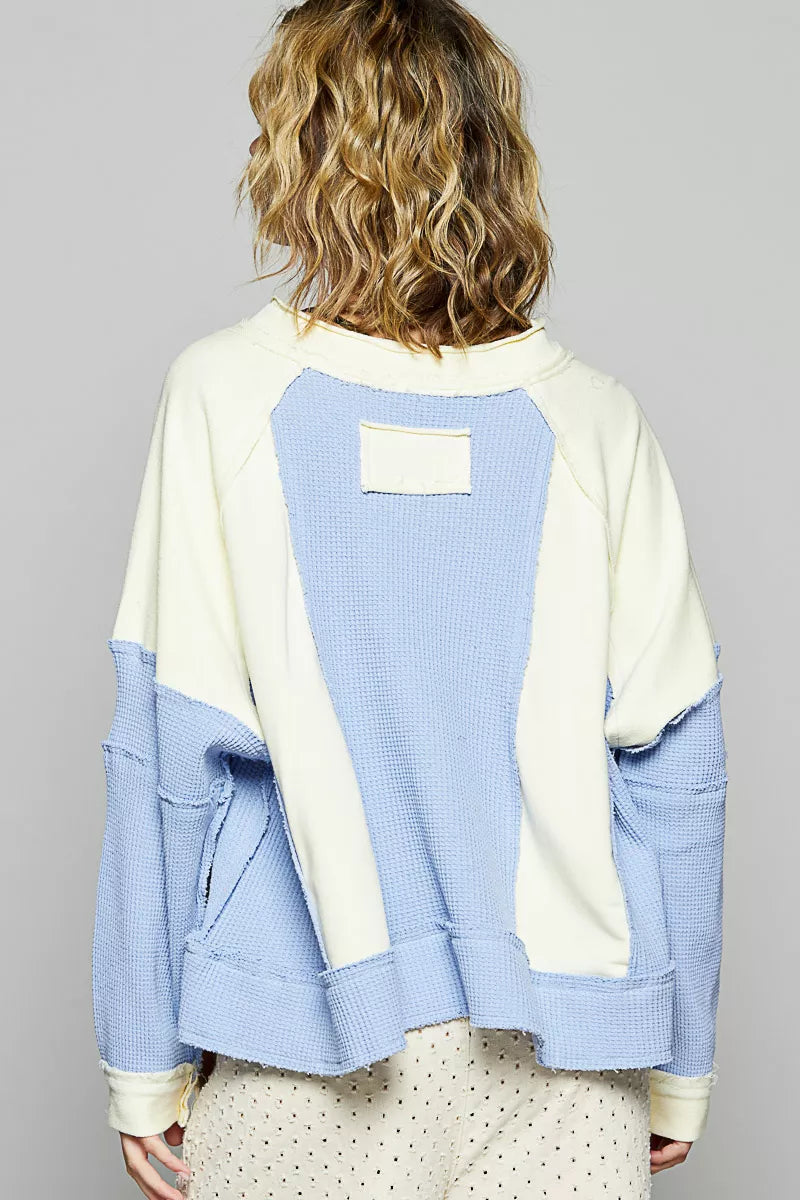 Color Block Waffle Knit Raw Hem Sweatshirt - steven wick
