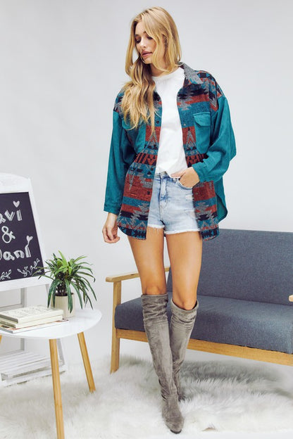 Plus Printed Button Down Long Sleeve Jacket