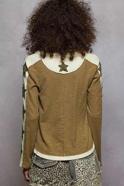Round Neck Long Sleeved Shirt with Star Patch - steven wick