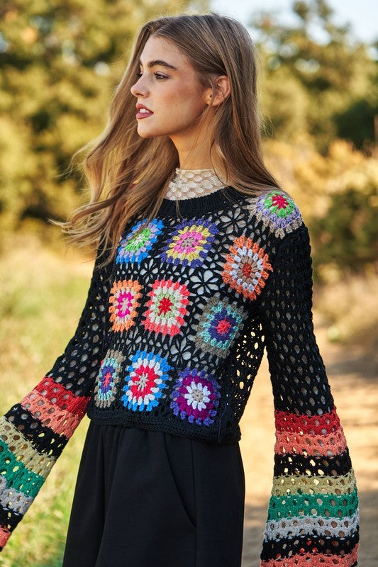 Floral Crochet Striped Sleeve Cropped Knit Sweater - steven wick