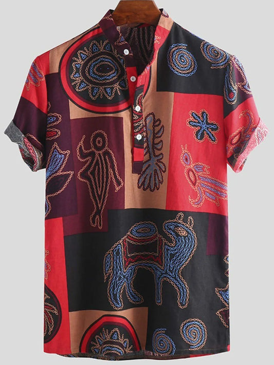 Men's Full Size Ethnic Print Short Sleeve Shirt Plus Size - steven wick