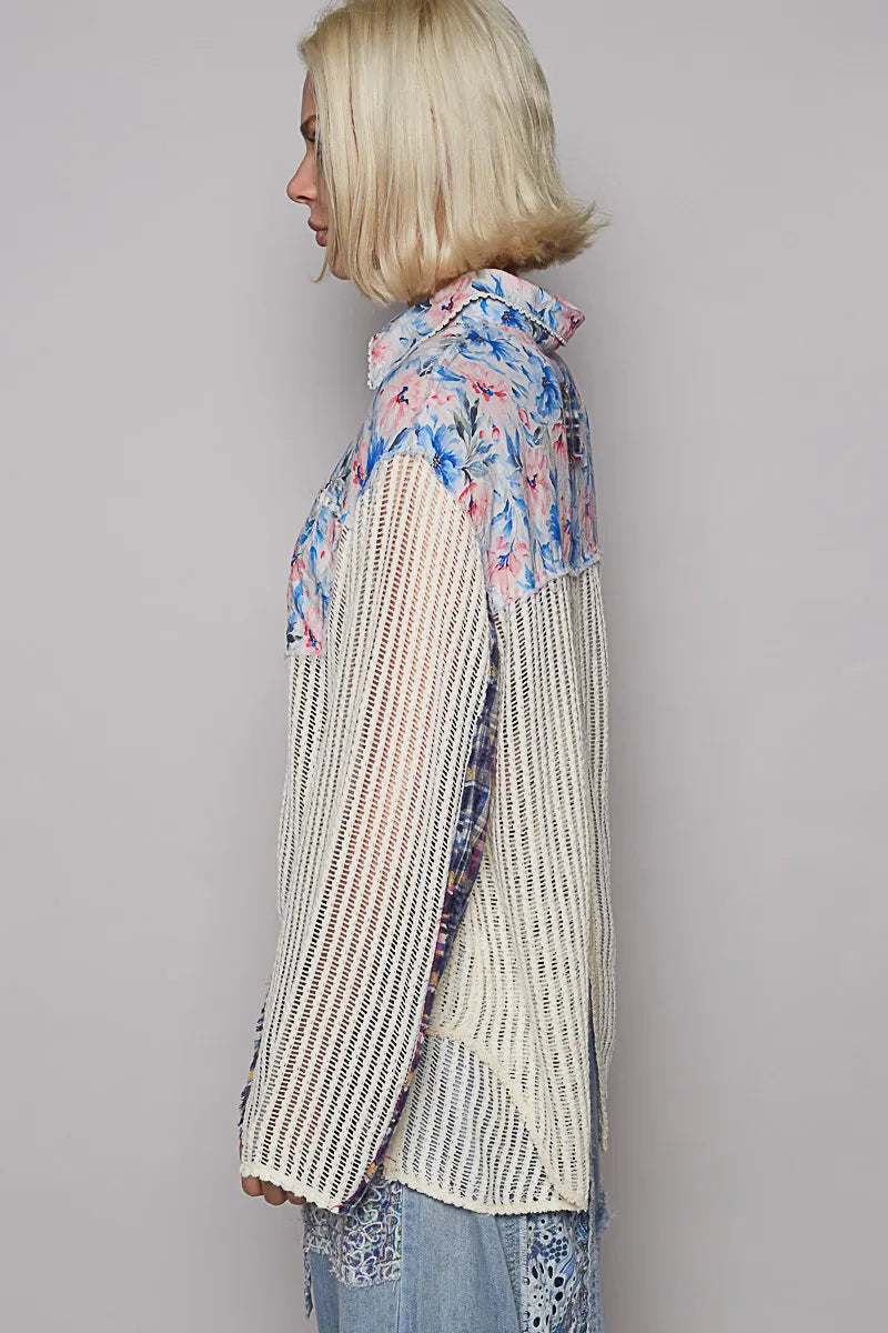 POL Floral Slit Back Plaid Patchwork Shirt - steven wick