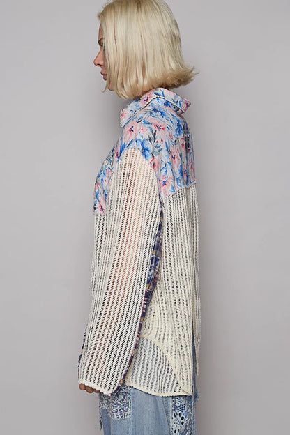 POL Floral Slit Back Plaid Patchwork Shirt - steven wick