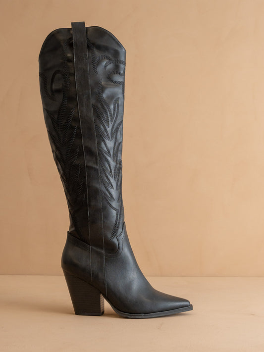 The Bronco | Black Knee High Embroidered Cowboy Boot - steven wick