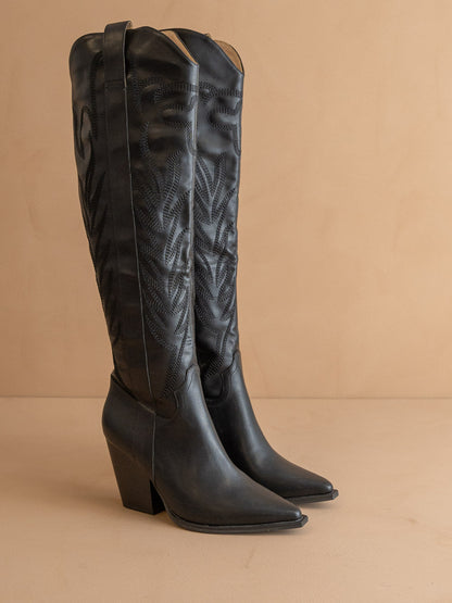 The Bronco | Black Knee High Embroidered Cowboy Boot - steven wick