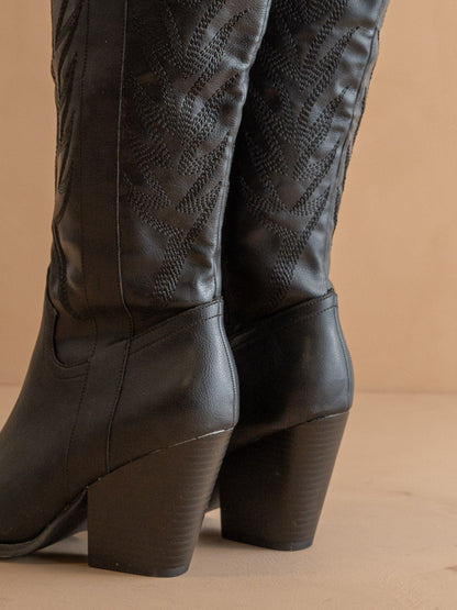 The Bronco | Black Knee High Embroidered Cowboy Boot - steven wick