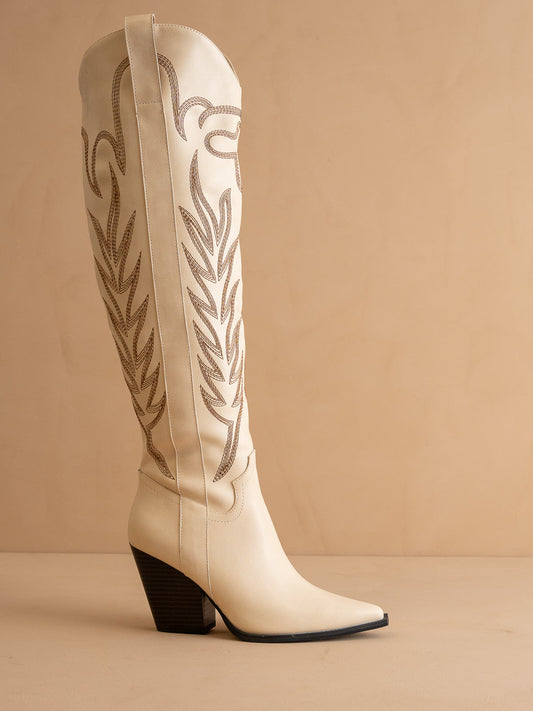 The Bronco | Off WhiteKnee High Embroidered Cowboy Boot - steven wick