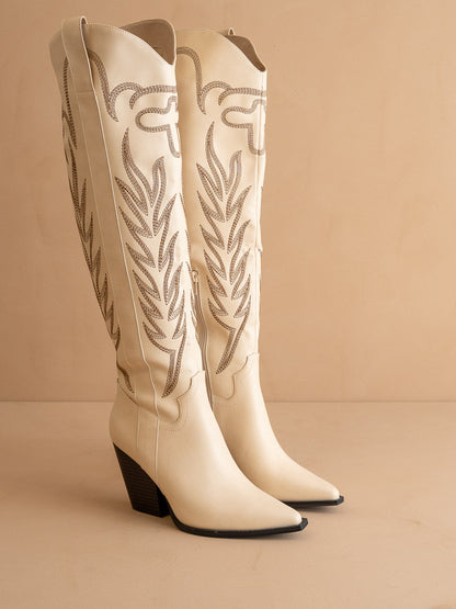 The Bronco | Off WhiteKnee High Embroidered Cowboy Boot - steven wick