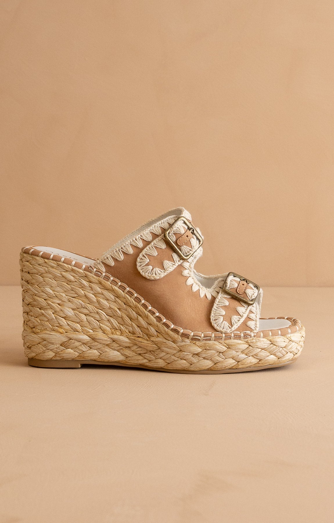 The Rae | Camel Embroidered Espadrille Wedges With Double Buckle Straps - steven wick