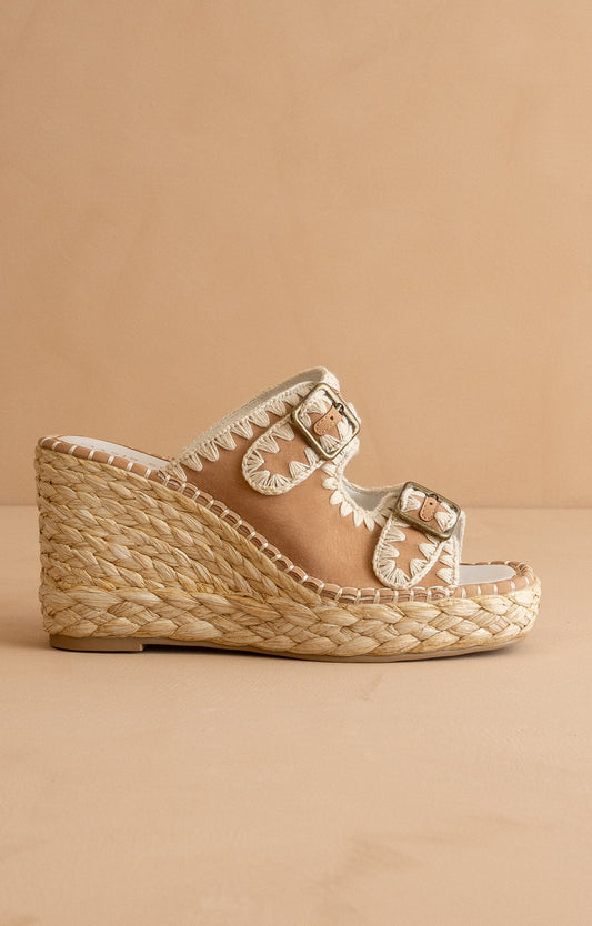The Rae | Camel Embroidered Espadrille Wedges With Double Buckle Straps - steven wick