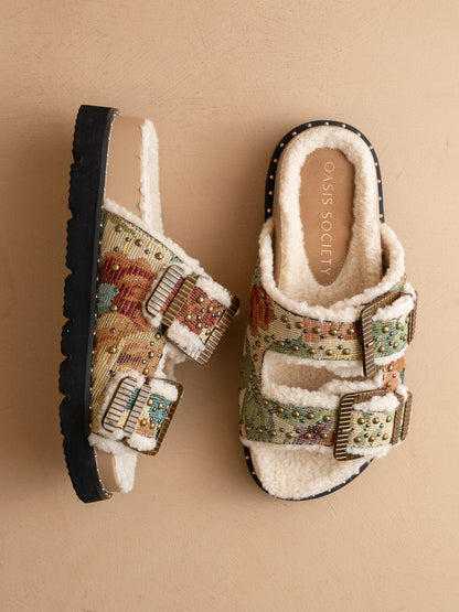 The Gaylen | Floral Tapestry Fleece Lined Slipper Slide - steven wick