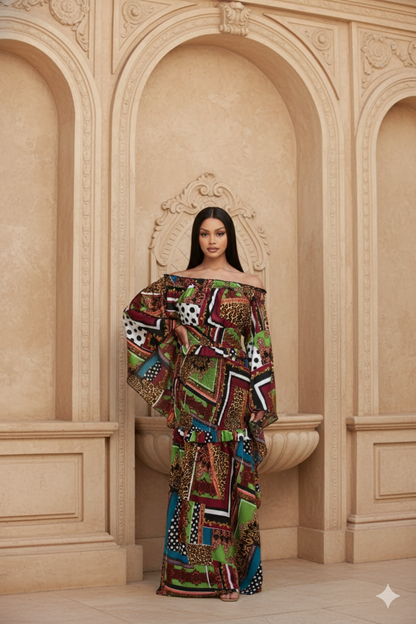 Mix Pattern Multi-Color Maxi Dress With Kimono Sleeves