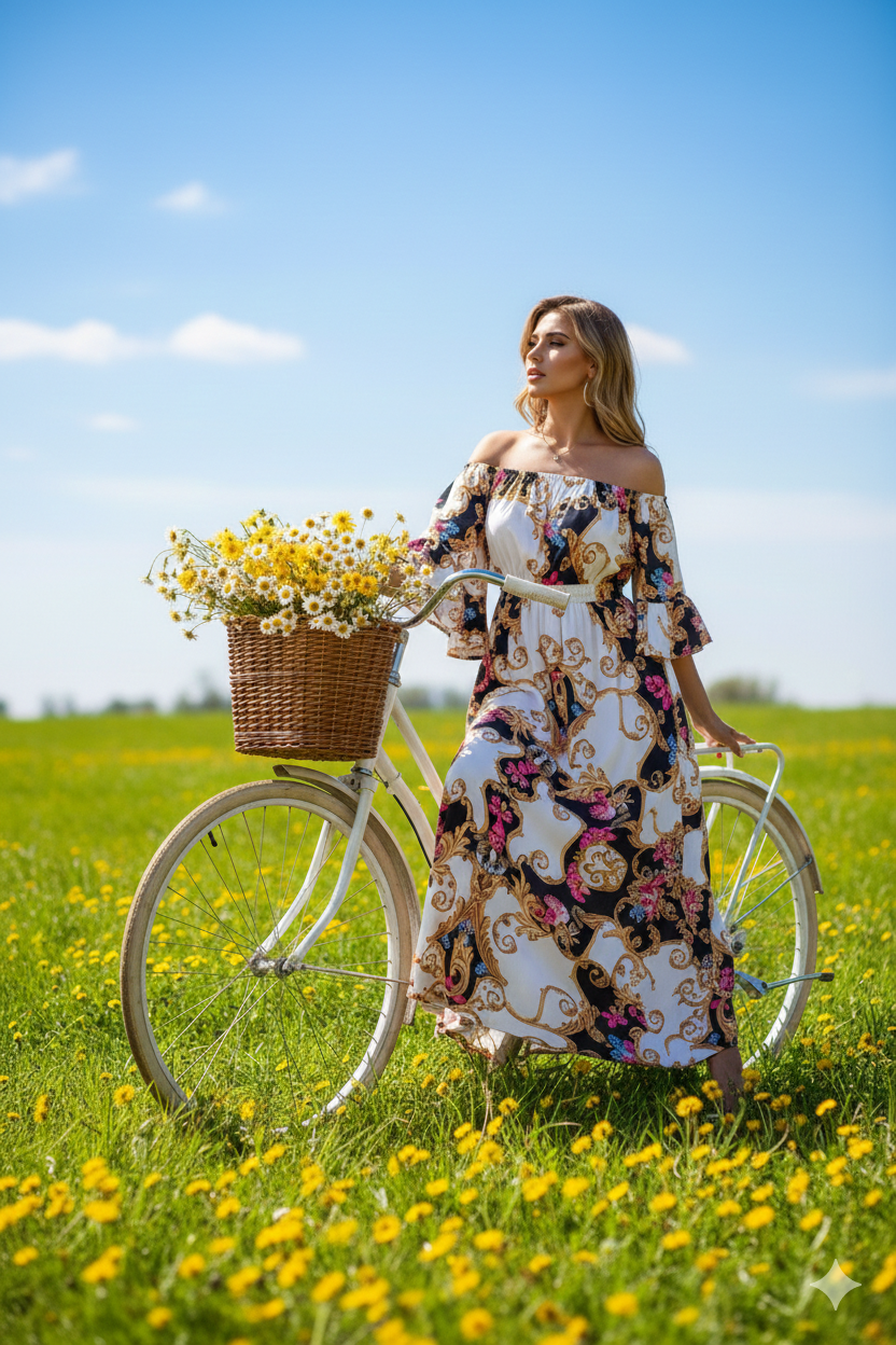 Camila Multi Color Off Shoulder Bell Sleeve Maxi Print Dress