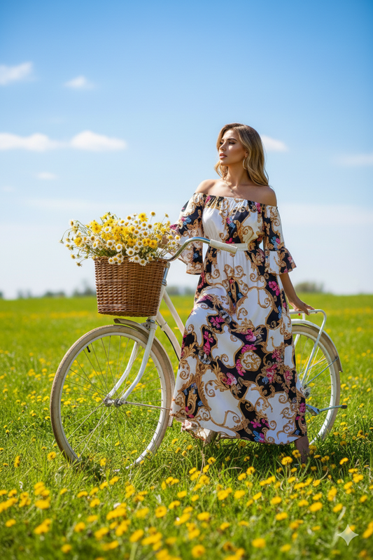 Camila Multi Color Off Shoulder Bell Sleeve Maxi Print Dress