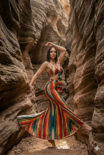 Painted Crop Top Front Tie & Matching Bell Maxi Skirt