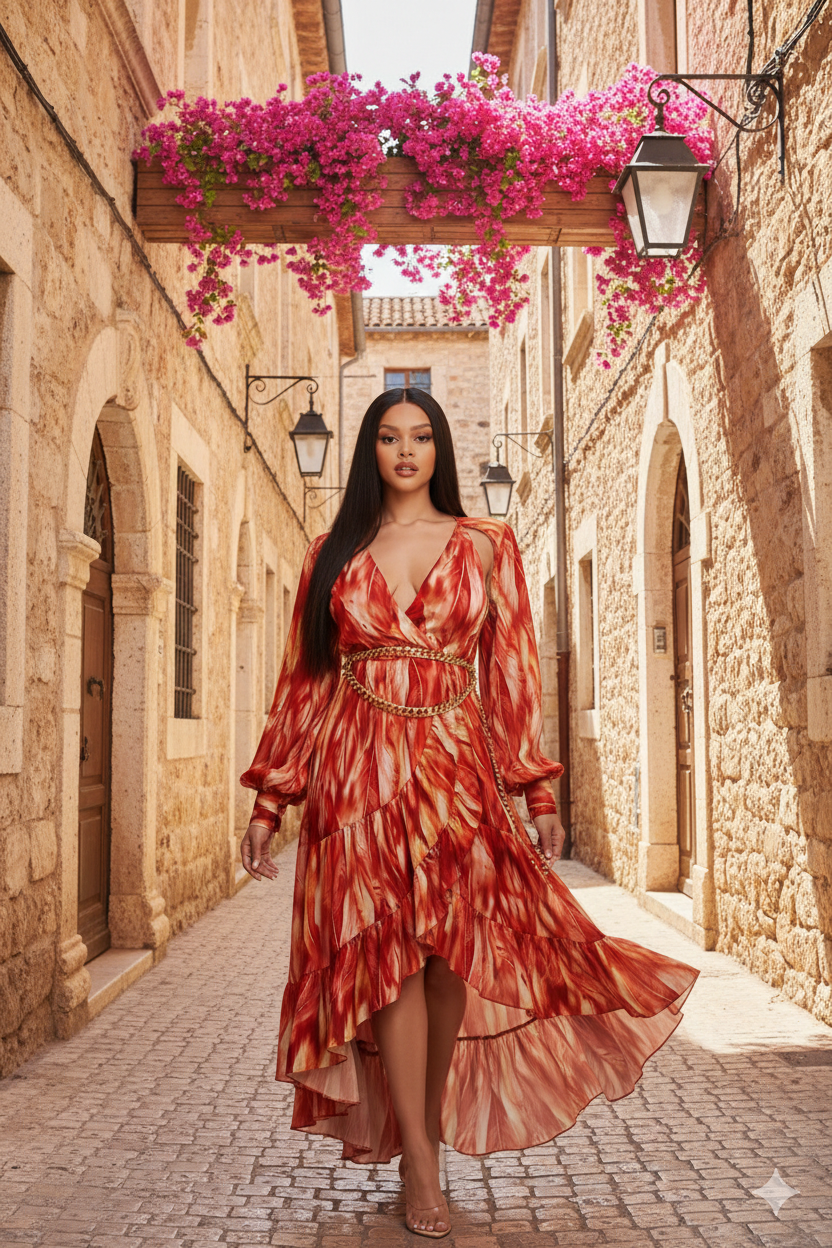 Fire Print Long Sleeve Maxi Dress