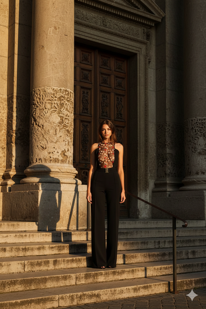 Embroidered Lace Top Jumpsuit with Belt Detail
