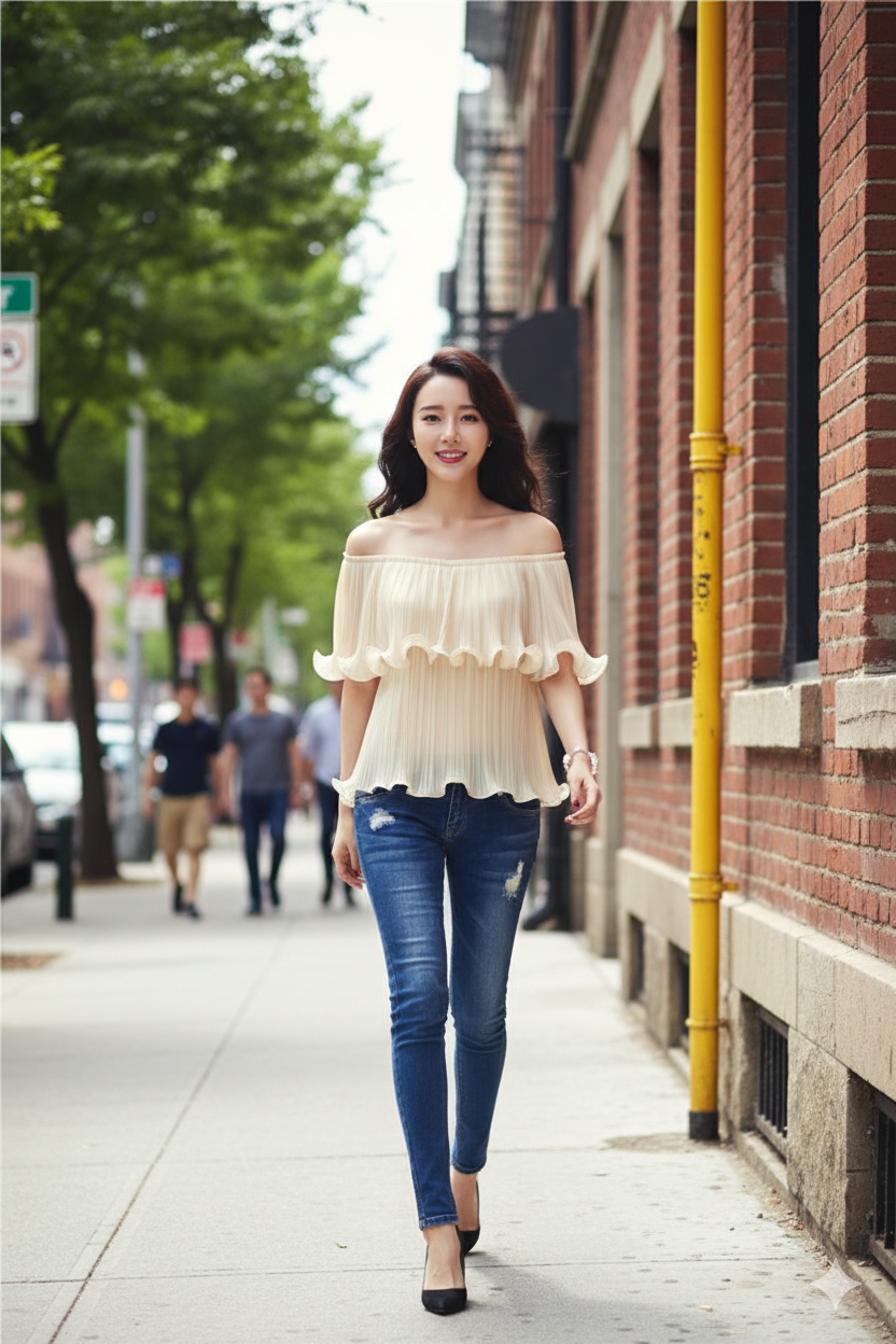Jenner Off Shoulder Wavy Ruffle Chiffon Top