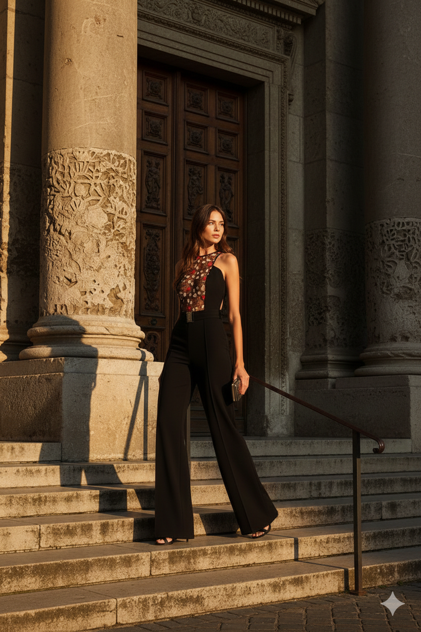 Embroidered Lace Top Jumpsuit with Belt Detail