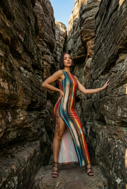 Painted Print Sleeveless Bodycon Maxi Dress with Side Slit