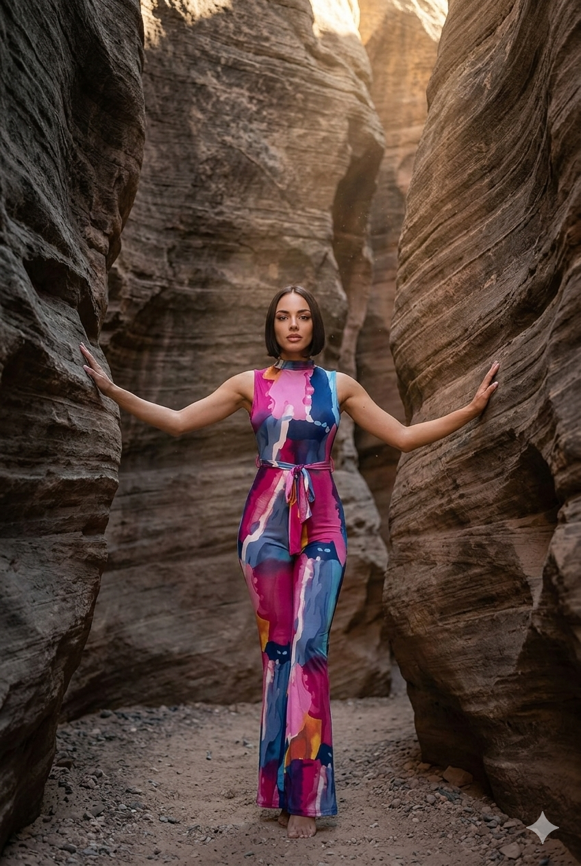Painted Bell Bottom Jumpsuit with Open Back & Front Tie Waist