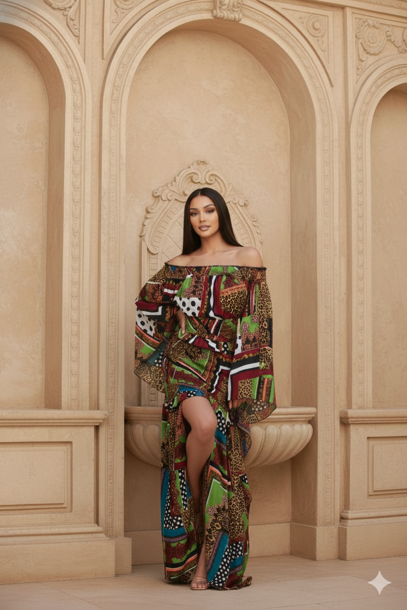 Mix Pattern Multi-Color Maxi Dress With Kimono Sleeves