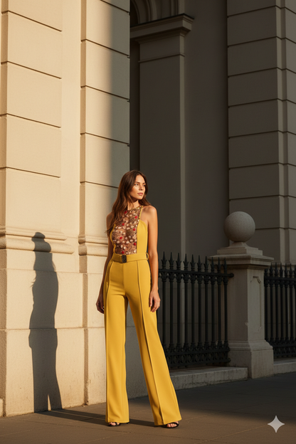 Embroidered Lace Jumpsuit with Belt Detail