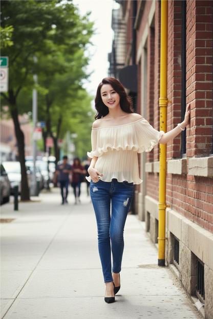 Jenner Off Shoulder Wavy Ruffle Chiffon Top
