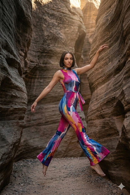 Painted Bell Bottom Jumpsuit with Open Back & Front Tie Waist