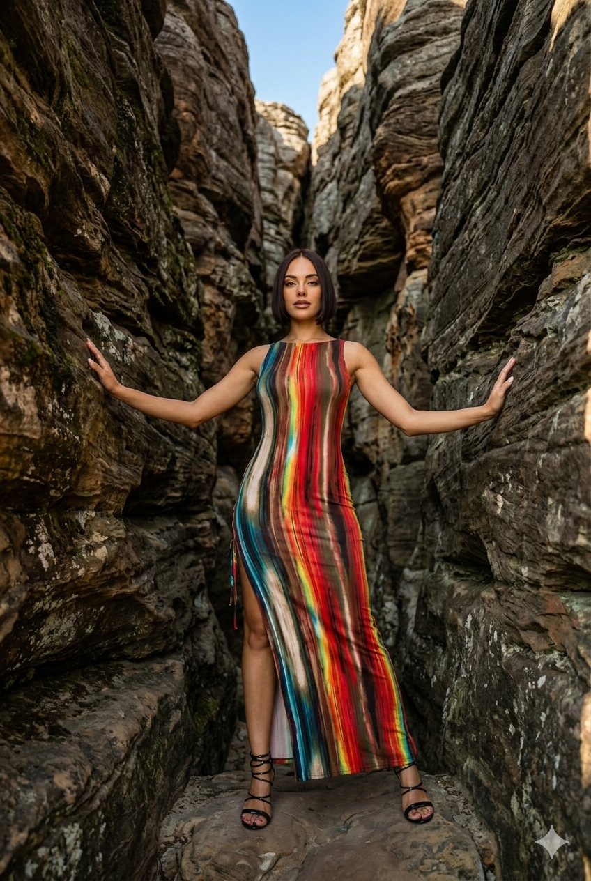 Painted Print Sleeveless Bodycon Maxi Dress with Side Slit