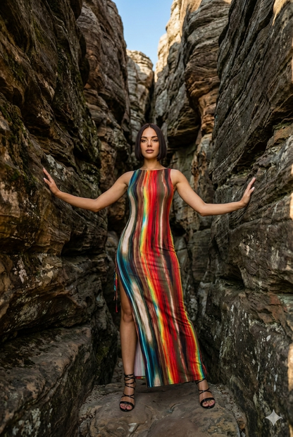 Painted Print Sleeveless Bodycon Maxi Dress with Side Slit