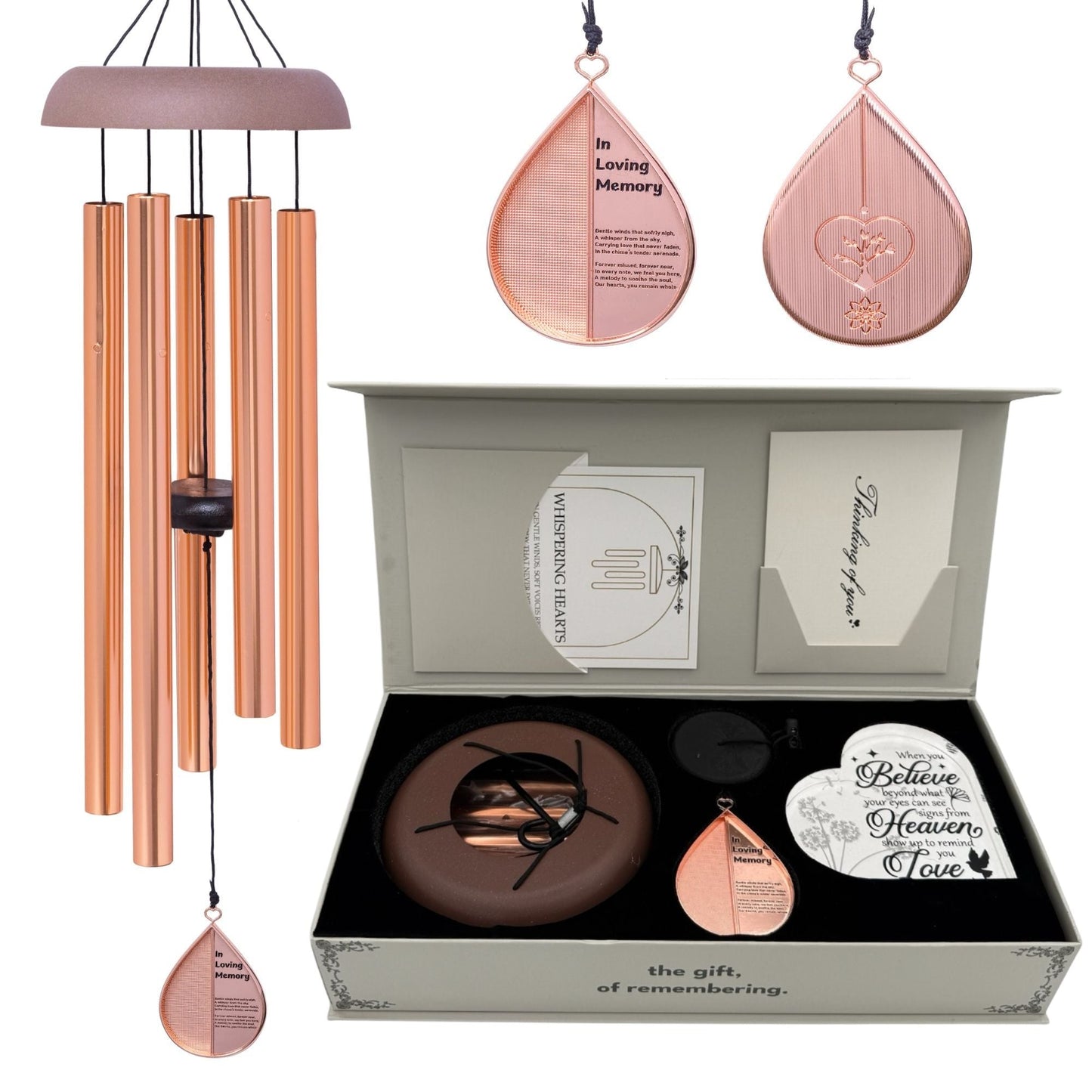 Gift Bundle - Memorial Wind Chimes &ndash; Whispering Hearts&trade; Collection &ndash; Rose Gold - Memorial Heart Included 28&rdquo; - steven wick