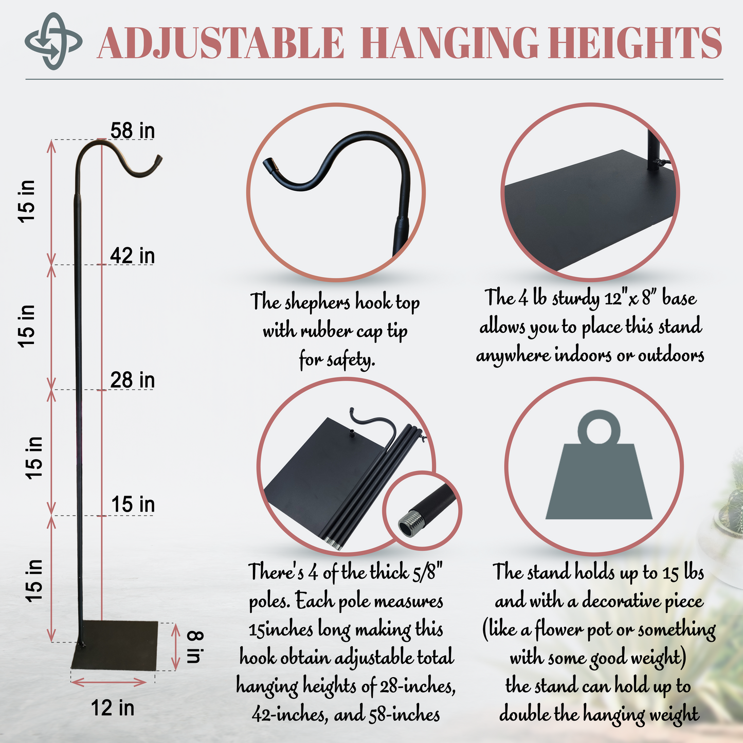 60&quot; Adjustable Heavy Duty Shepherd's Hook Floor Stand For Patio/Garden - steven wick