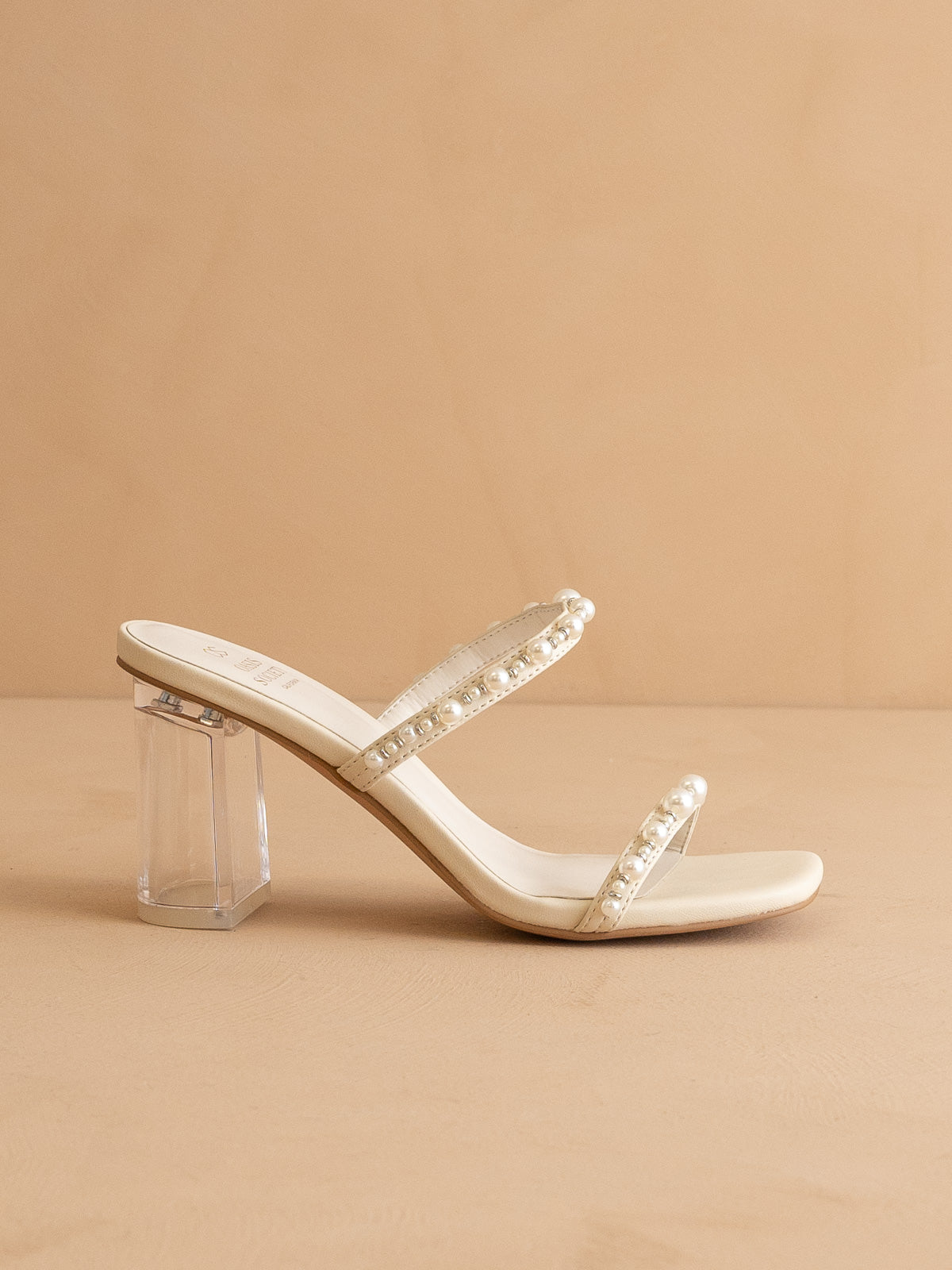 The Mae | Beige Wedding Pearl Detail Clear Block Heel - steven wick