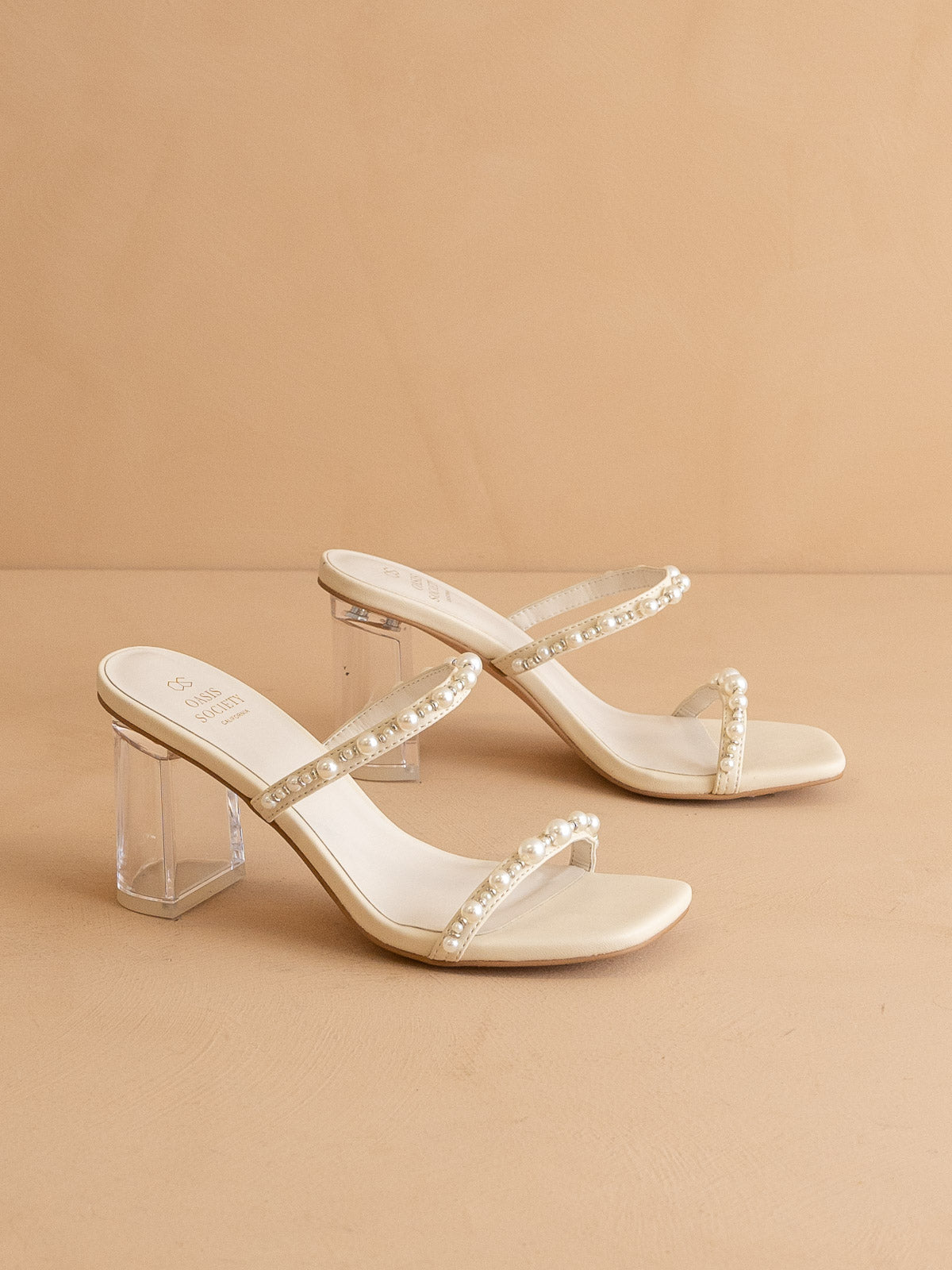 The Mae | Beige Wedding Pearl Detail Clear Block Heel - steven wick