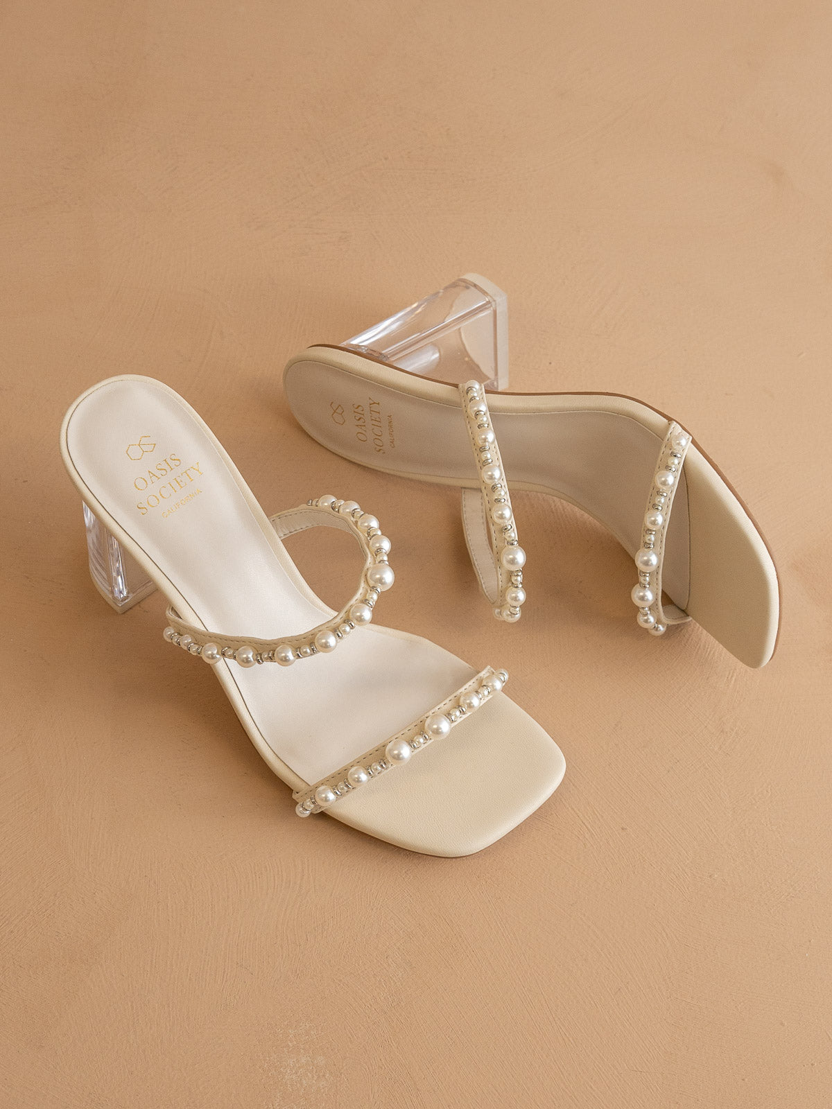 The Mae | Beige Wedding Pearl Detail Clear Block Heel - steven wick