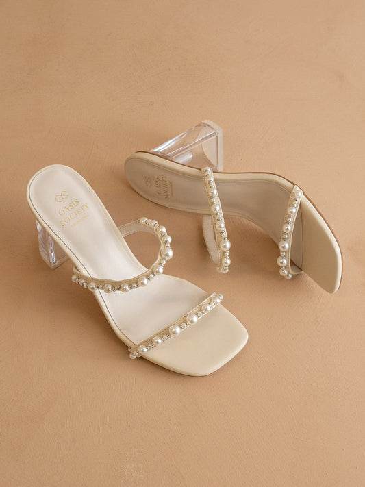 The Mae | Beige Wedding Pearl Detail Clear Block Heel - steven wick