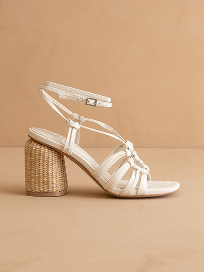 The Monza | White Strappy Raffia Basket Weave Block Heel - steven wick
