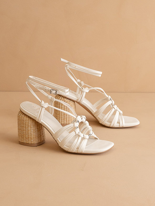 The Monza | White Strappy Raffia Basket Weave Block Heel  *FINAL SALE*