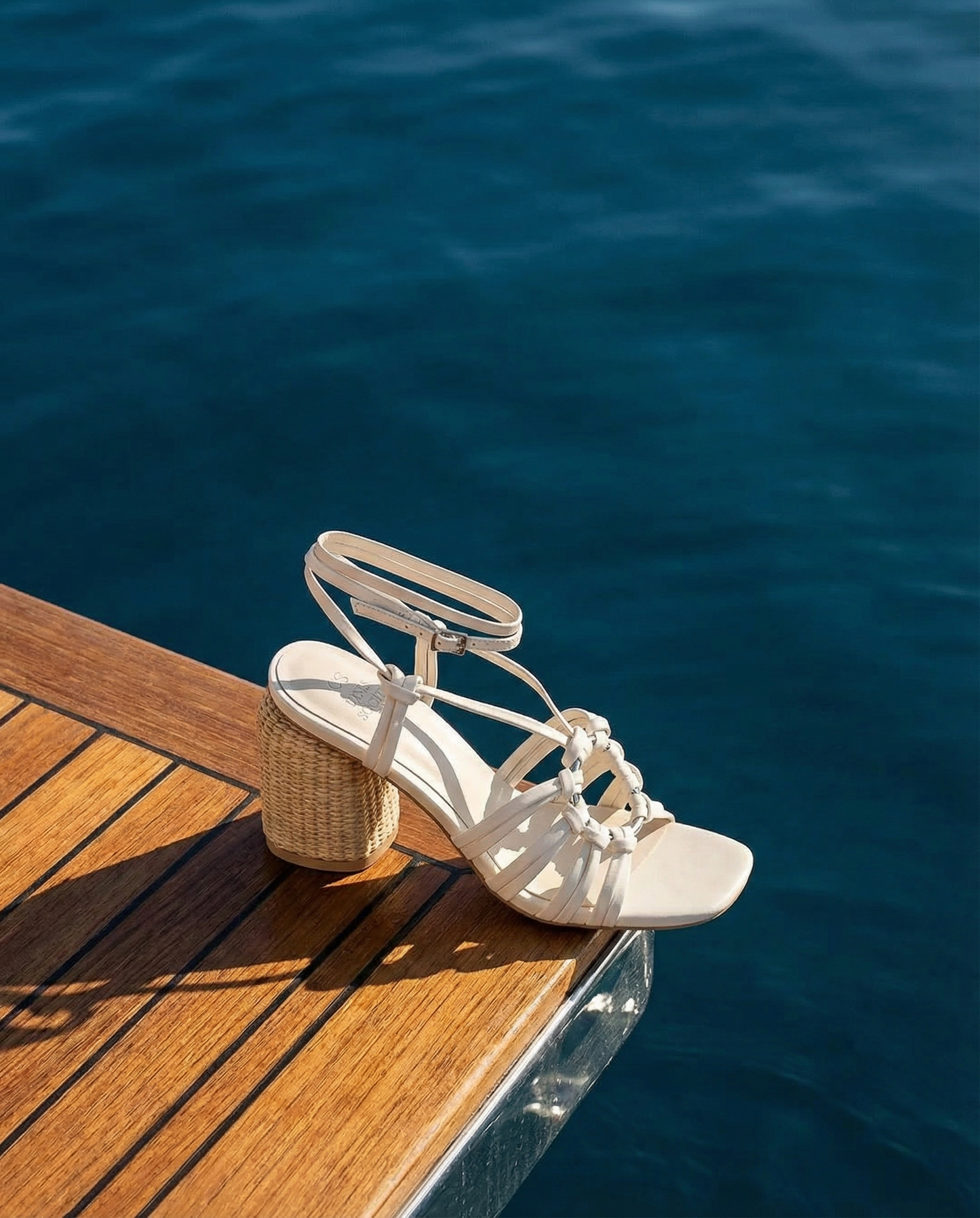 The Monza | White Strappy Raffia Basket Weave Block Heel  *FINAL SALE*