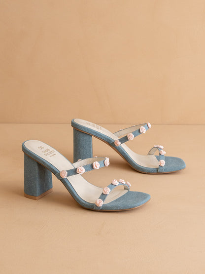 The Nia | Denim Rosette Adorned Heel *FINAL SALE* - steven wick