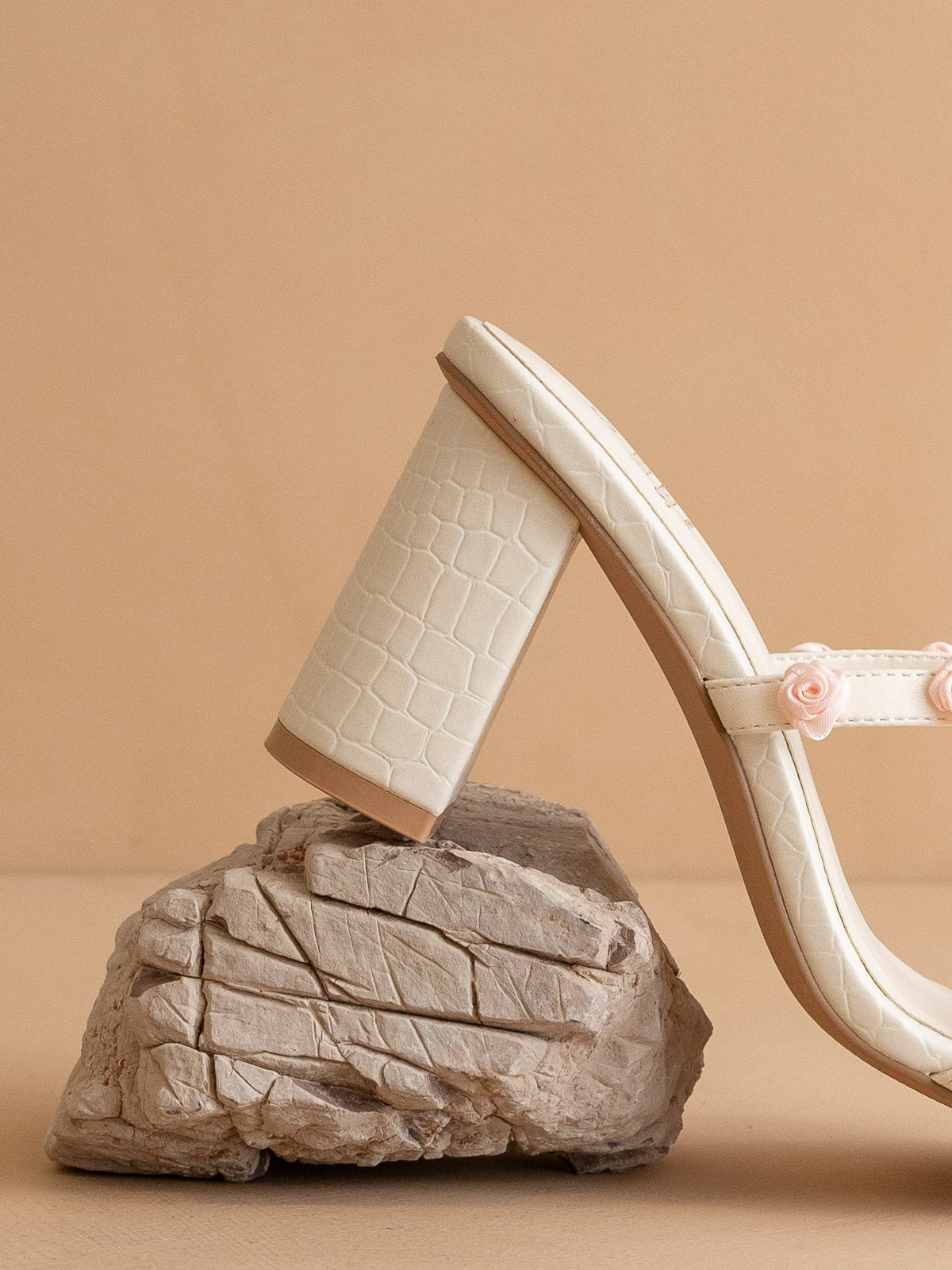 The Nia | White Rosette Adorned Block Heel - steven wick