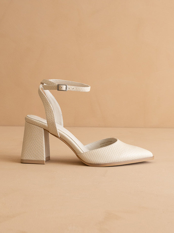 The Princess | White Pointed Toe Bridal Block Heel with Ankle Strap - steven wick