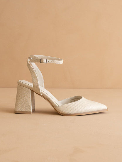 The Princess | White Pointed Toe Bridal Block Heel with Ankle Strap - steven wick
