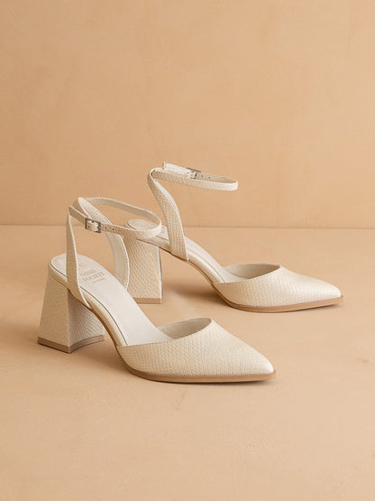 The Princess | White Pointed Toe Bridal Block Heel with Ankle Strap - steven wick