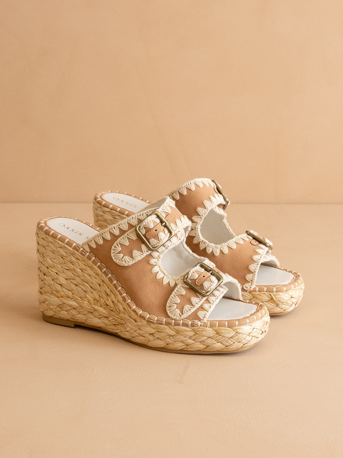 The Rae | Camel Embroidered Espadrille Wedges With Double Buckle Straps - steven wick