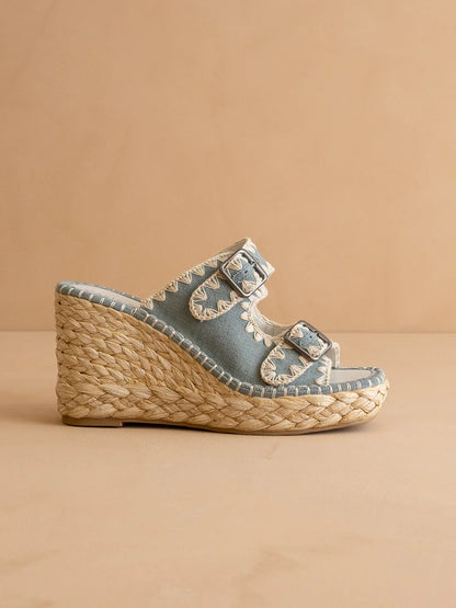 The Rae | Slate Blue Embroidered Espadrille Wedges With Double Buckle Straps - steven wick