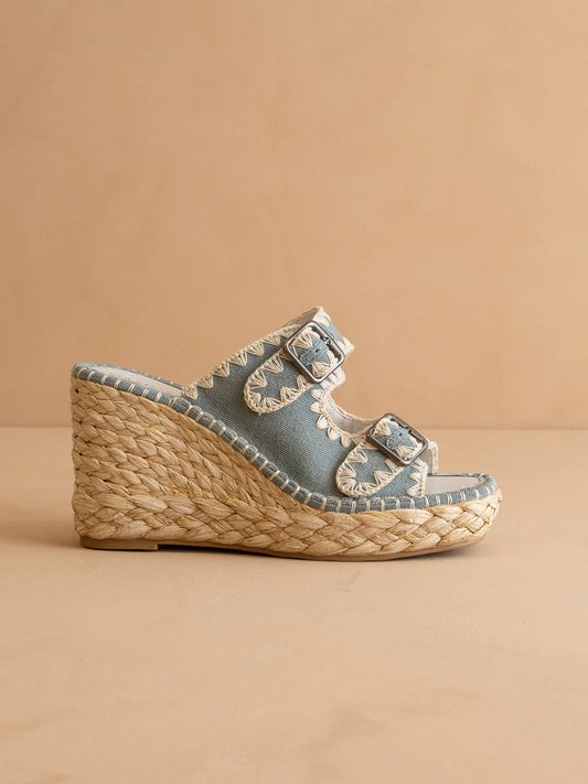 The Rae | Slate Blue Embroidered Espadrille Wedges With Double Buckle Straps - steven wick
